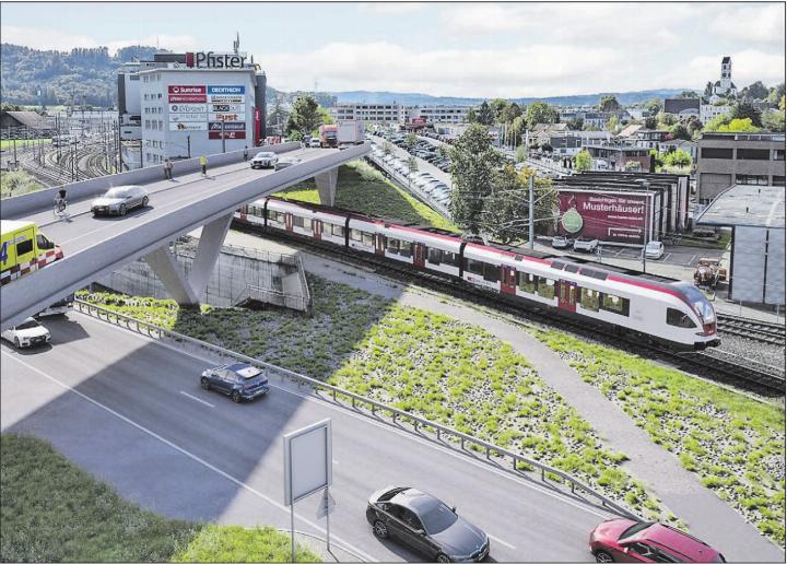 Sicht Richtung Suhr und Gränichen: Neue Überführung Bernstrasse Ost B-178 über die NK241 sowie über die Bahlinien der SBB und der AVA. (Visualisierung: Kanton Aargau)