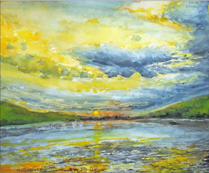 Hallwilersee – Sonnenuntergang im Nord-Westen Alberto Romer, Aquarell u Mt 50x60cm a Pa, 2025. Hallwilersee Sonnenuntergang 2025 Gemäldebild und Text von Alberto Romer, 5712 Beinwil am See, romer@romerexpert.ch
