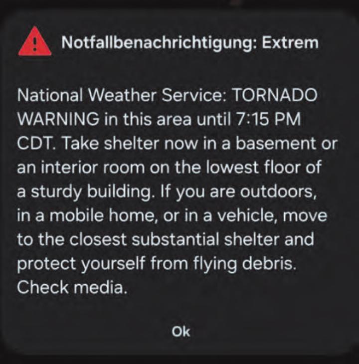 Per App bekommen wir jeweils die Tornadowarnung.
