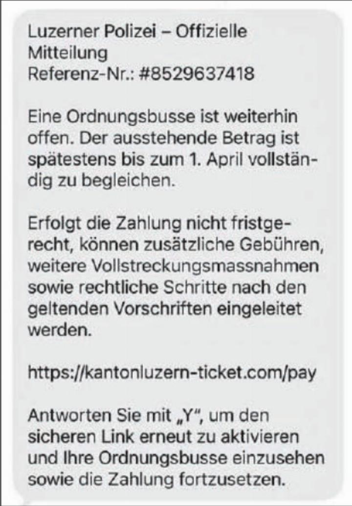 So könnte eine Betrugs-SMS aussehen: Wichtig ist, keinen Link anzuklicken. (Bild: Kanton Luzern)