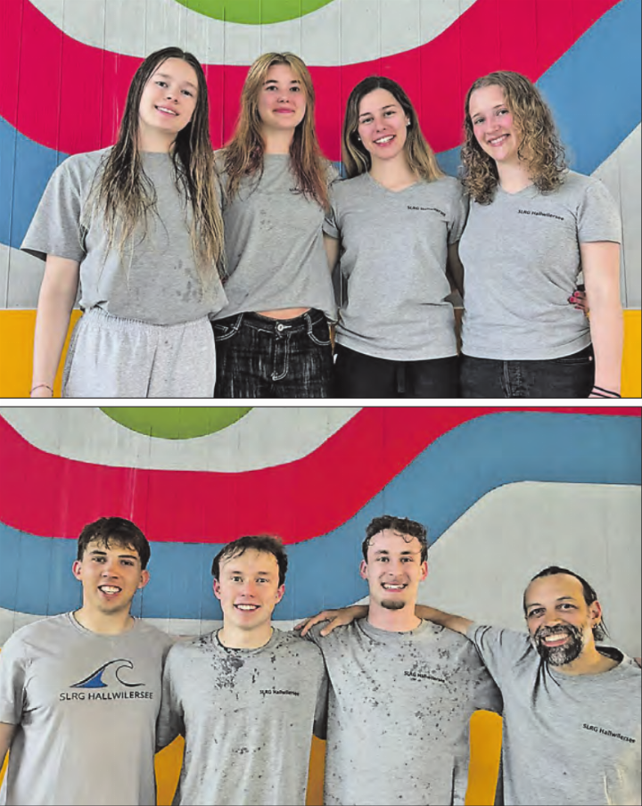 Erfolgreiche Lebensretter: Das Team Hallwilersee 1 mit (v.l.) Lea Zimmermann, Annika Sieber, Natalie Burger, Svenja Negri; Etienne Brunner, Lino Gautschi, Matthias Bolzern, Flavio Brant. (Bilder: zVg.)