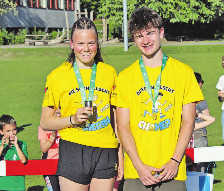 Sind die Zeitschnellsten über die 80 Meter: Lara Bösiger aus Unterkulm in der Finalzeit von 10.97 Sekunden und Mateo Karnasch, Teufenthal, in 9.71. (Bild: zVg.)