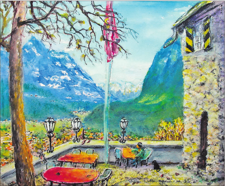 Schlössli über Niederurnen... Eingang zum GlarnerlandAquarell u Mt 50x60cm a PaLw, 2025. Schlössli über Niederurnen, Glarnerland Gemäldebild und Text von Alberto Romer, 5712 Beinwil am See, romer@romerexpert.ch