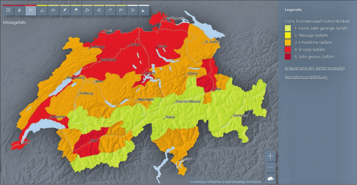 Die Gefahrenkarte gibt Auskunft über die geltenden Massnahmen. (Screenshot: MeteoSchweiz)