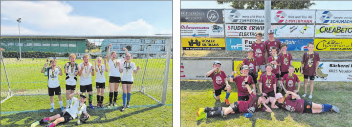 Feiern schon wie die Grossen: Zwei der siegreichen Teams des Schülerturniers. 
(Bilder: zVg.)