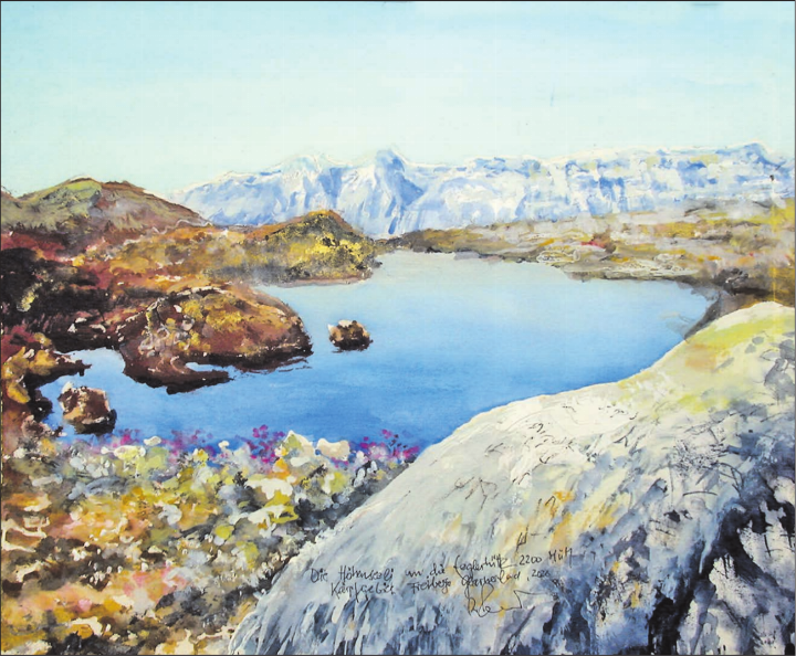 Höhenseeli auf 2200 MüM … bei der Leglerhütte GL
Alberto Romer, Aquarell u Mt a PaLw, 2026. Höhenseeli um die Leglerhütte
Gemäldebild und Text von Alberto Romer, 5712 Beinwil am See