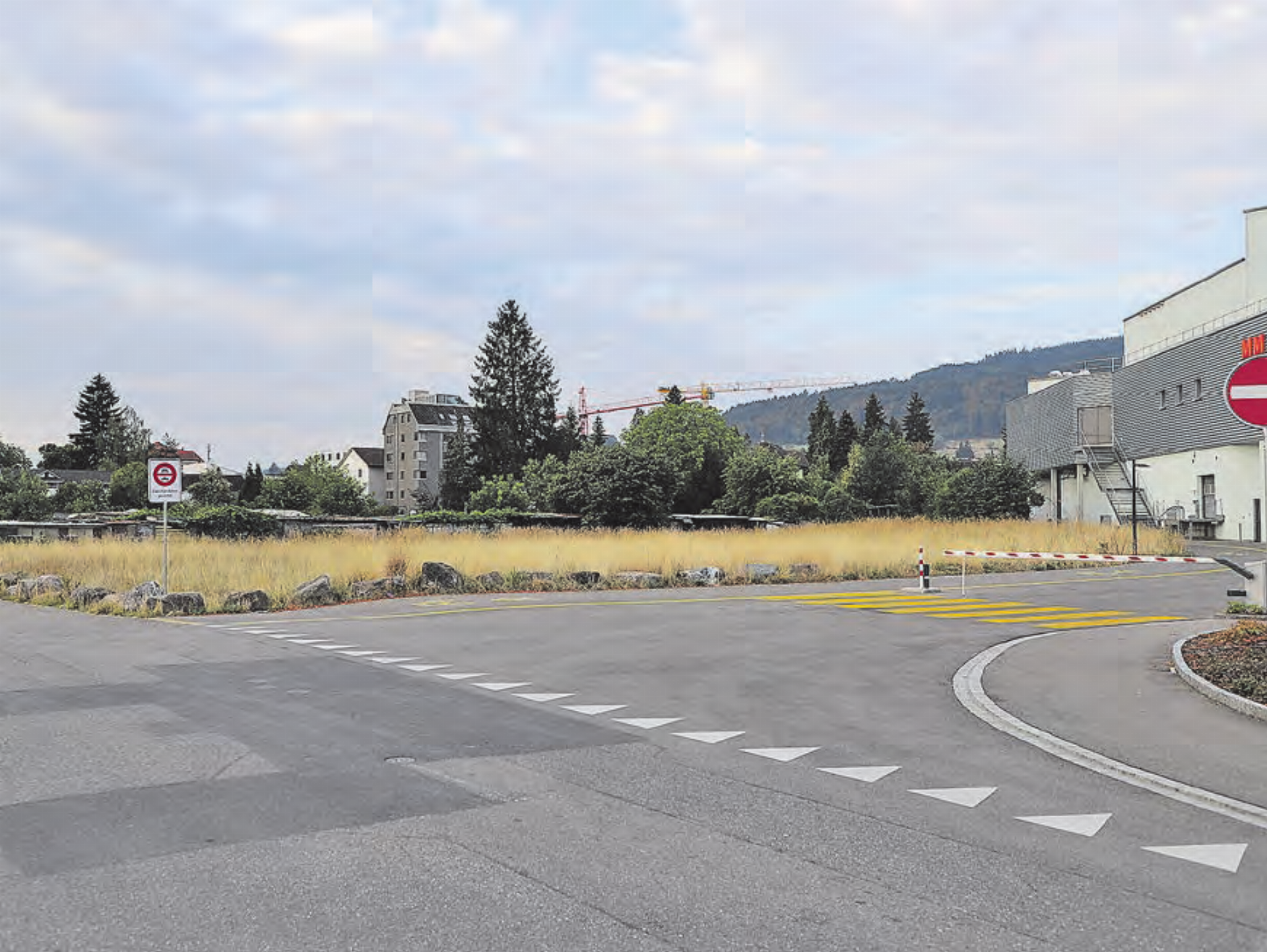 Blick von Norden: Rechts das Gebäude des Einkaufszentrums, links die Wiese mit den Schrebergärten, die zum Perimeter des Gestaltungsplans gehört (Bild: rc.). - Das Bild wird blockiert. – Möglicherweise durch einen aktiven Adblocker.