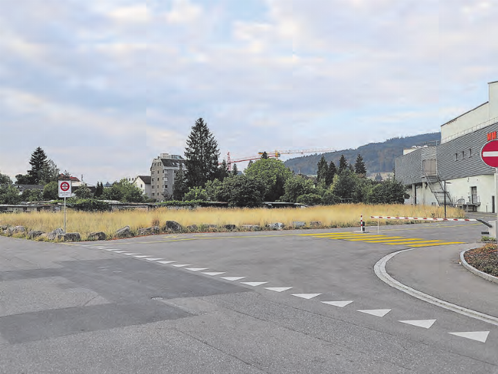 Blick von Norden: Rechts das Gebäude des Einkaufszentrums, links die Wiese mit den Schrebergärten, die zum Perimeter des Gestaltungsplans gehört (Bild: rc.). Blick von Norden: Rechts das Gebäude des Einkaufszentrums, links die Wiese mit den Schrebergärten, die zum Perimeter des Gestaltungsplans gehört (Bild: rc.).