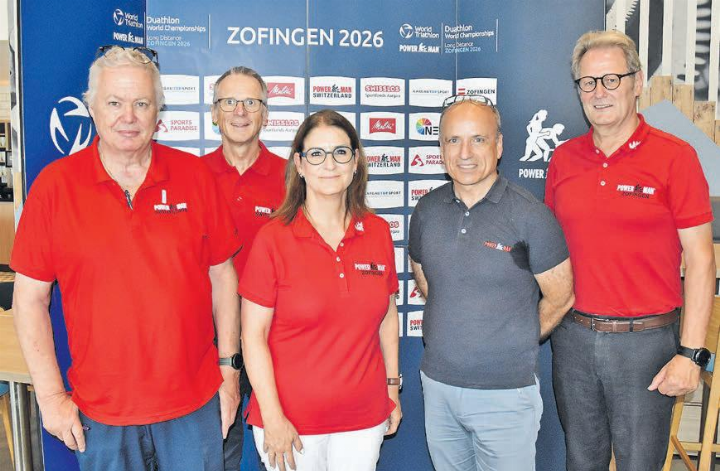 An der Partner- und Medienkonferenz nahmen vom OK-Team teil: Fred Hobi (ICT), Stefan Zinneker (Rennleitung), Silvia Christen (Direktorin Services), Präsident Stefan Ruf und Roger Müller (Sicherheit und Nachhaltigkeit). (Bilder: Alfred Weigel)