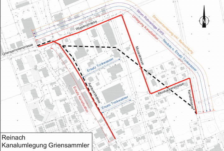 Übersichtsplan Umlegung Kanalisation - Kanal- bis Griensammlerstrasse.
(Bild: zVg.)